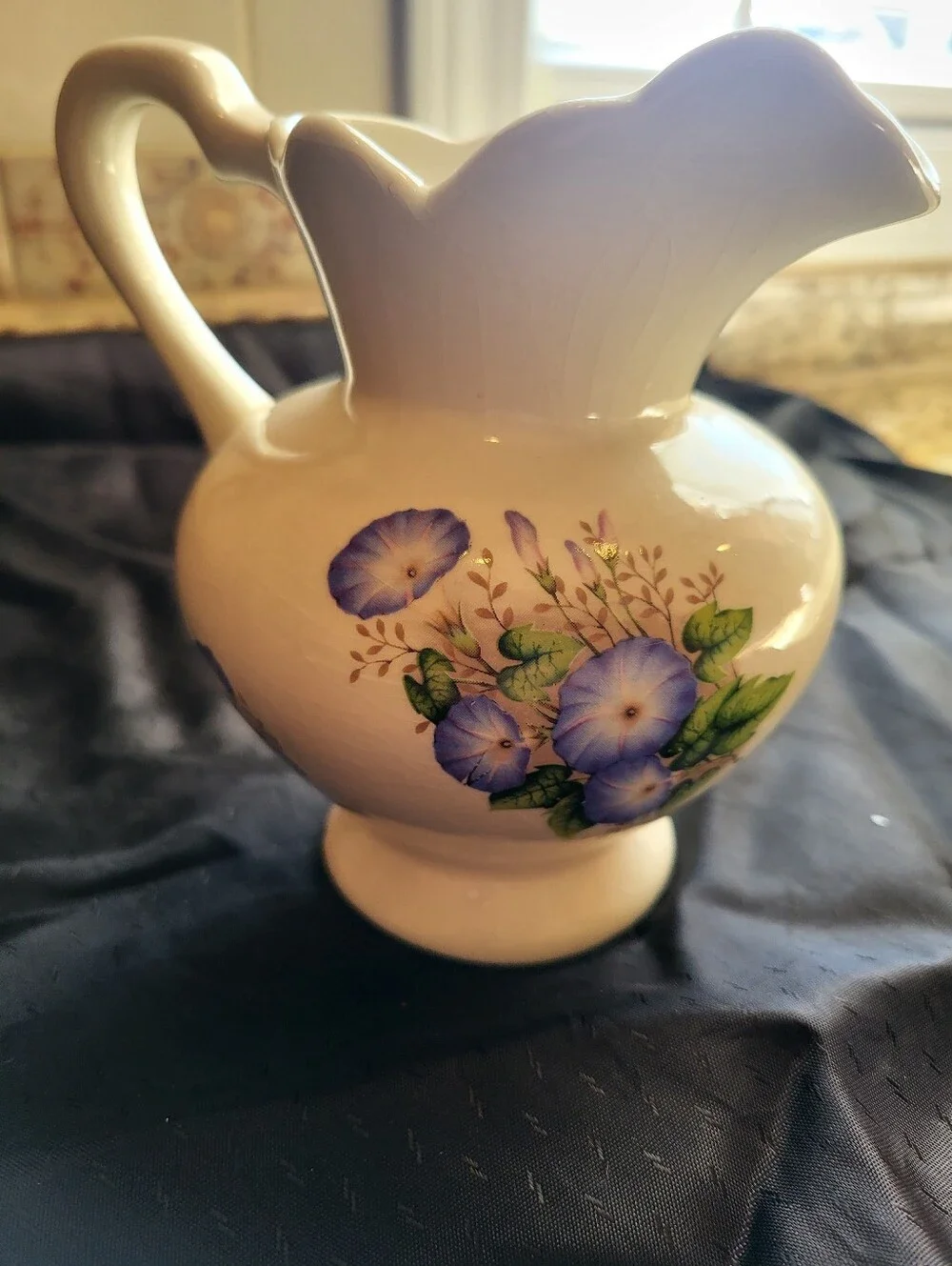 White Ceramic Floral 5.5 x 6 In Pitcher with Blue / Purple Morning Glory Design